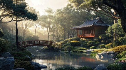 Fototapeta premium A quaint Japanese garden with a small bridge leading to a wooden house.