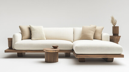 Modern living room with natural lighting and soft toned furniture