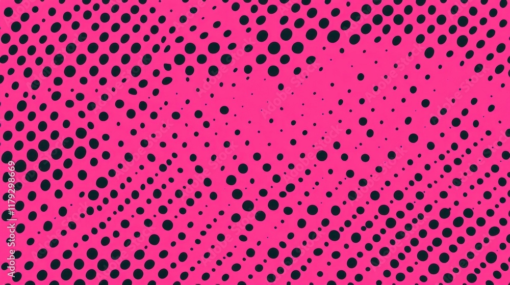 Poster vibrant pink background with black dots in various sizes and patterns