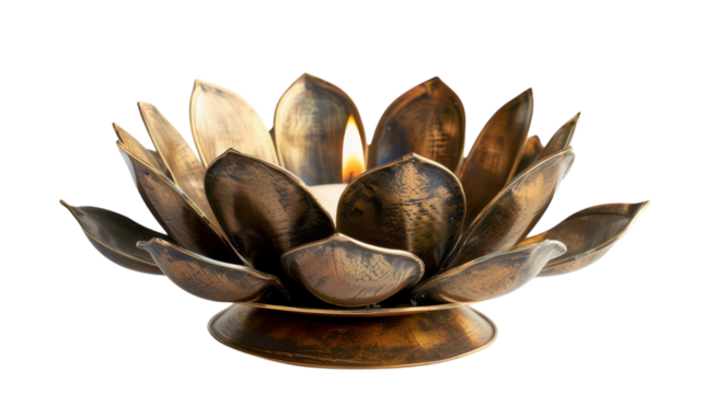 Elegant lotus flower candle holder crafted from metal, showcasing intricate petal design ideal for home decor on transparent background