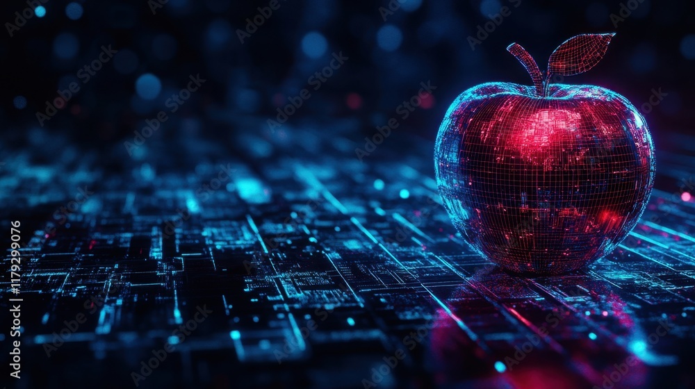 Poster digital apple with neon glow and circuit pattern background