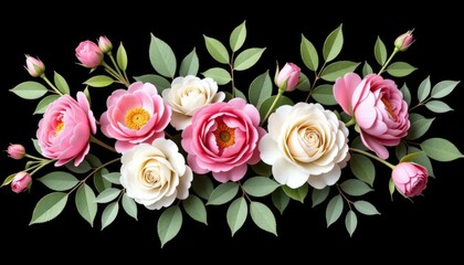 Pink and White Roses on Black, Floral Banner, Flowers art