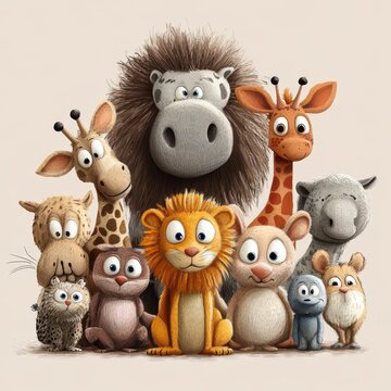 Fototapeta A Group Of Adorable Cartoon Animals Posing Together