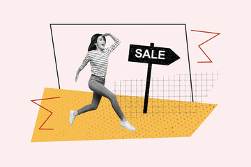 Creative collage picture young woman run hurry rush sale discounts black friday weekend holiday low...