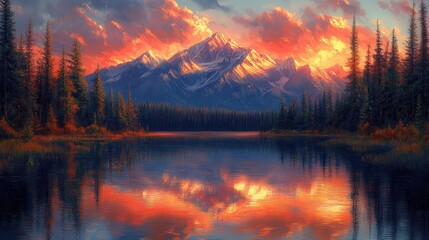 Fototapeta premium A serene mountain landscape at sunset, reflecting vibrant colors in a tranquil lake.