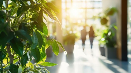 Blurred background of people walking in a modern, eco-friendly office space with natural light and greenery – highlighting sustainability, innovation and a responsible work environment.