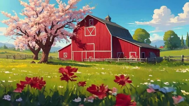 A cheerful farm in springtime, red barn blooming wildflowers, cherry blossoms, buzzing bees distance, 2D Flat Cartoon Anime-style, Japanese 4k lofi hip-hop bites music animation video