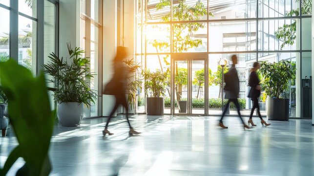 Blurred background of people walking in a modern, eco-friendly office space with natural light and greenery – highlighting sustainability, innovation and a responsible work environment. - Powered by Adobe