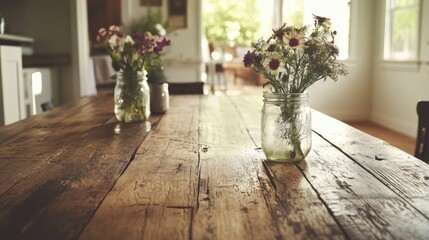 A rustic farmhouse dining table with distressed wood, mason jar vases, and a centerpiece of wildflowers.