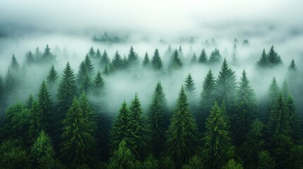 Obraz premium Misty evergreen forest aerial view.