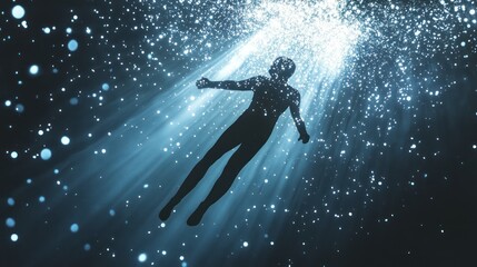 Silhouette of a person floating in a dark, glittering void, illuminated by beams of light from above.
