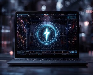 Laptop screen centered on a single futuristic energy icon.