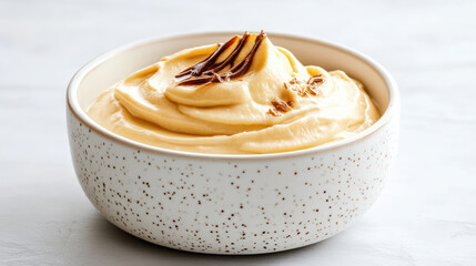 Creamy vanilla dessert in speckled bowl, perfect for indulgence