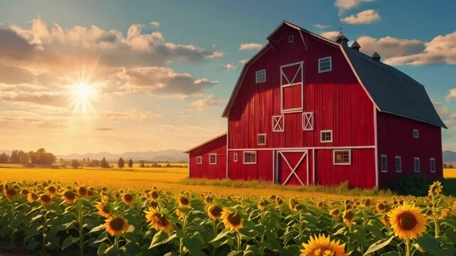 A red barn standing amidst a vast sunflower field, sun shining brightly casting a warm glow over cheerful scene, 2D Flat Cartoon Anime-style, Japanese 4k lofi hip-hop bites music animation video