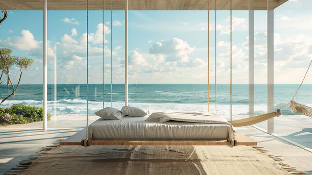 Minimalistic hanging bed setup overlooking a serene beach view.