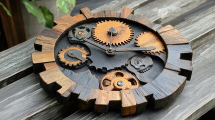 Obraz premium A rustic wooden clock with handcrafted details placed on a weathered table.