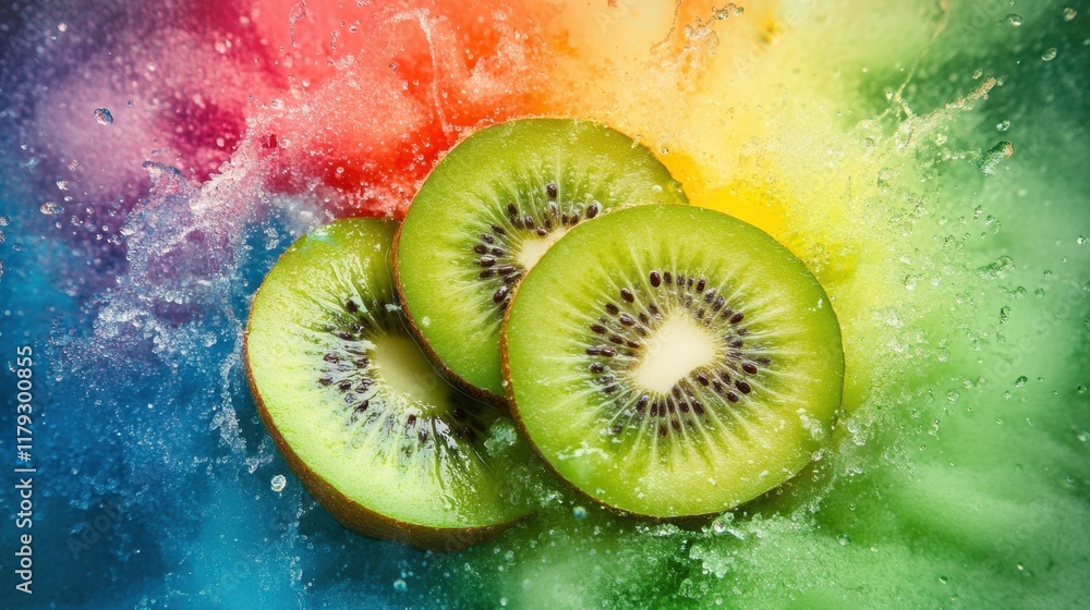 Poster fresh kiwi slices with splash on colorful background