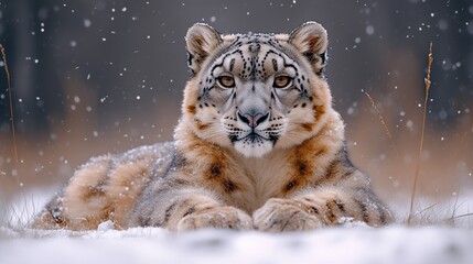 Fototapeta premium In its natural surroundings, the awe-inspiring snow leopard, with fur sprinkled with snowflakes, symbolizes the untamed wilderness.