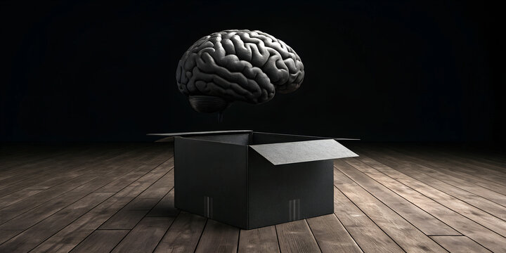 3D render of matte black human brain above a matte black cardboard box on dark black background