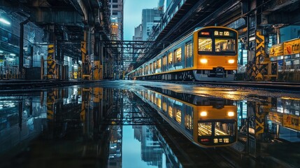 Naklejka premium A serene reflection of a sky train on water during a calm evening.