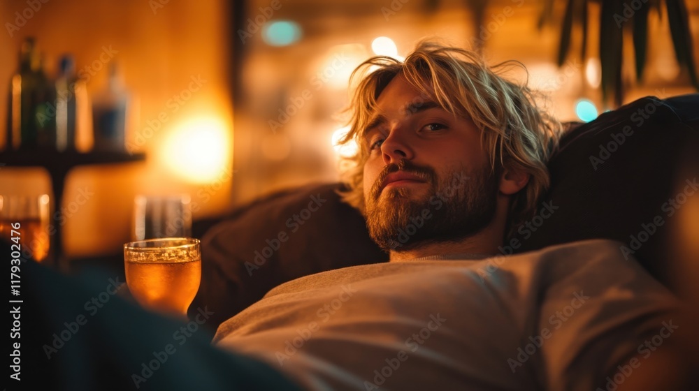 Poster a blonde-haired man with a beard relaxes on a couch, surrounded by drinks and soft ambient lighting,