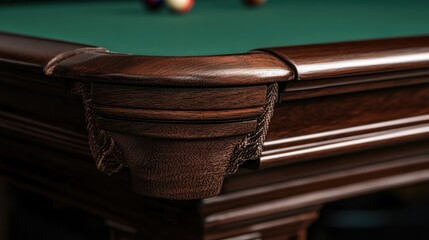 A side view of a snooker table showing the polished wooden rails and green felt.