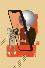 Vertical sketch 3d artwork collage poster of anonym man boss instead head eyeball look observer...