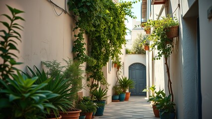 Naklejka premium Crete Village Alley - Lush Plants & Sunlight