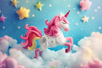 Obraz premium Fantastically beautiful mythological pink unicorn with big long horn, abstract vivid composition consists of fictional unreal fantastic vision on background