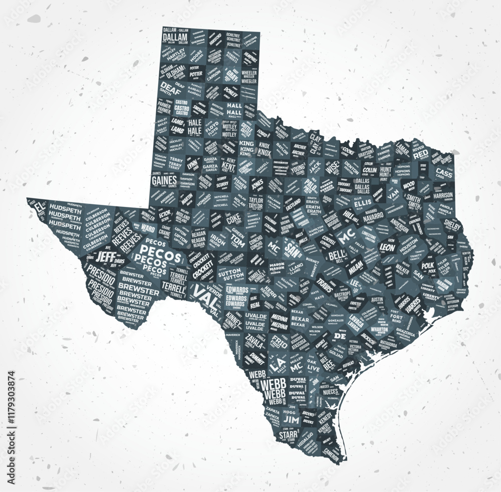 Poster texas counties word clouds. state shape on textured background. texas design in typographic style. e