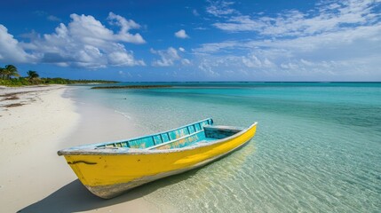 A single, colorful boat positioned in calm waters at midday.