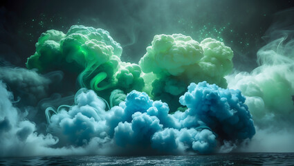 Fototapeta premium Teal and green smoke swirls near glowing futuristic structures. Suitable for tech or sci-fi-themed designs and backgrounds