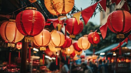 Vibrant Red Lanterns Illuminate the Night Market, Creating a Festive Atmosphere with Colorful Buntings and Traditional Decor for Cultural Celebrations