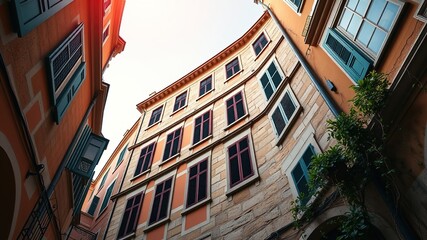 Naklejka premium Croatian Old Town Mali Losinj Historic Building POV Upward, Architectural Photorealistic AI