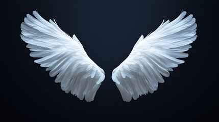 White angel wings with intricate feather details, spread majestically against a deep black background, showcasing ethereal beauty and grace, ideal for symbolic, spiritual, or artistic representations.