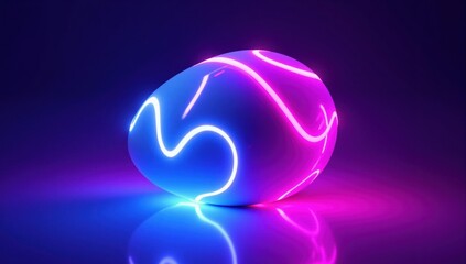 Neon egg reflecting on surface with blue and pink lights