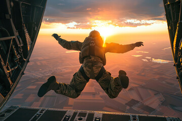 Parachutist with parachute makes heavenly adventure against on nature landscape, abstract vivid composition consists of fictional unreal fantastic vision on background