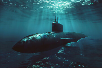 Beautiful large submarine floating in middle of deep ocean during mission, abstract vivid composition consists of fictional unreal fantastic vision on background