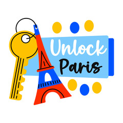 Eiffel keychain with unlock paris text, flat sticker 
