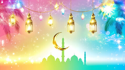 Festive Ramadan lanterns illuminate mosque silhouette against colorful fireworks and palm trees.