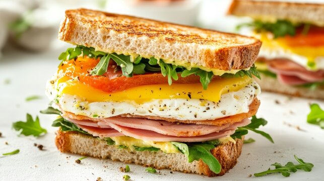 Traditional breakfast sandwich with layers of egg, cheese, and ham, on a clean white background