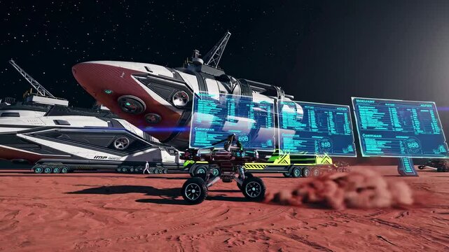 Exploring a futuristic Mars base with advanced technology and spacecraft at sunset