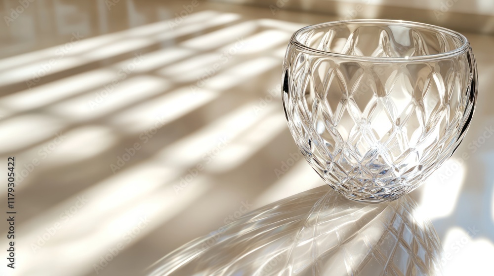 Poster crystal glass on a light surface casting intricate shadows in a bright setting. generative ai