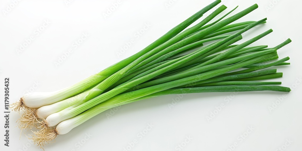 Poster green onion displayed in isolation on a white background. a top view flat lay showcasing the vibrant