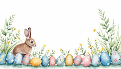 Cute easter bunny sitting near colorful decorated eggs and spring flowers