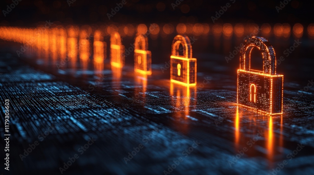 Poster digital locks represent cybersecurity and data protection in a futuristic landscape at night. genera