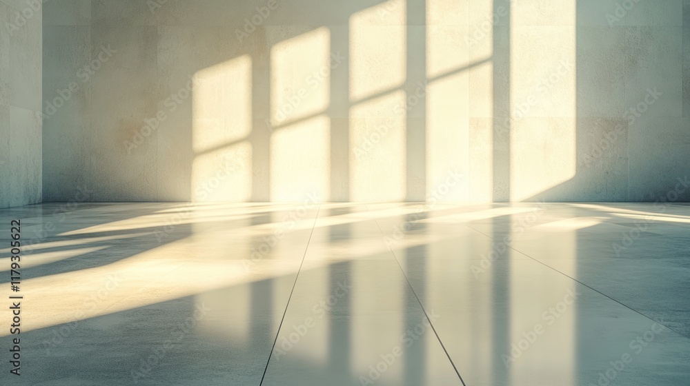 Poster sunlight streaming through windows casts long shadows on a reflective floor in an empty room. genera