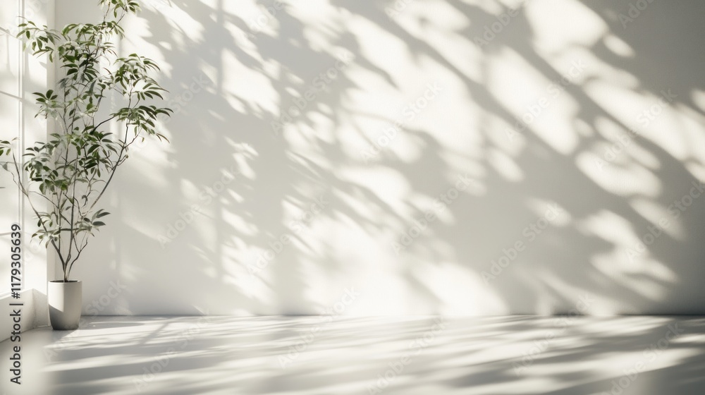 Poster natural light filters through a window casting shadows on a minimalistic indoor space with a plant. 