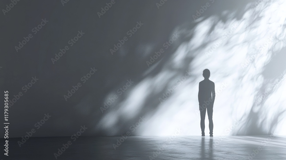 Poster person standing alone in a dimly lit room with shadows creating intriguing patterns on the wall. gen