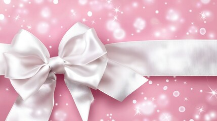 Valentine's Day, Happy Women's Day, Mother's Day, Birthday, Wedding, Christmas. space for text, banner, flyer. Holiday pink background with gift, white satin bow, ribbon. 